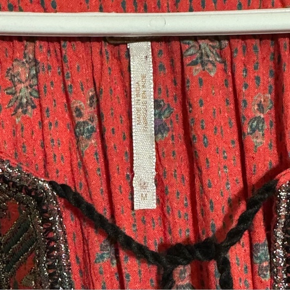 Free People Red and Blue Bell Sleeve Blouse with Tie Front - Picture 7 of 7